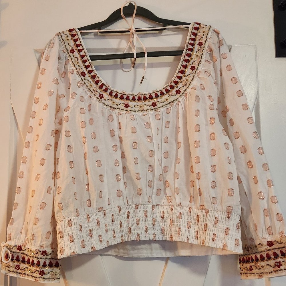 Anthropologie Embroidered Beaded Boho Crop Top